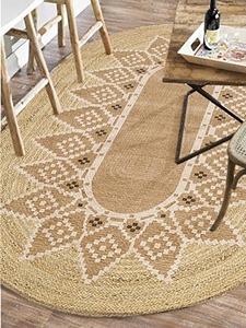 Oval Jute Area <b>Rug</b> Geometric Pattern Bohemian Style <b>Flat</b> Weave Non Slip Rubber Backing Living Room Floor Mat - Product Image 4