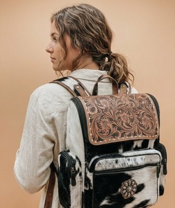 Hand Tooled Leather Diaper <b>Backpack</b> <b>Large</b> Capacity Travel Bag Floral Embossed Multi Functional Motherhood <b>Backpack</b> - Product Image 5