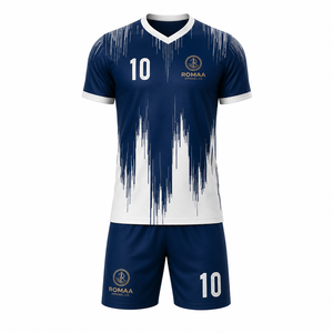 Ensemble Maillot et Short de Football Personnalisé Bleu Marine, Blanc et Or, Col en V, Uniforme d'Équipe de Football Sublimé, OEM, Anti-Transpiration, Extensible dans les Quatre Sens - Product Image 2