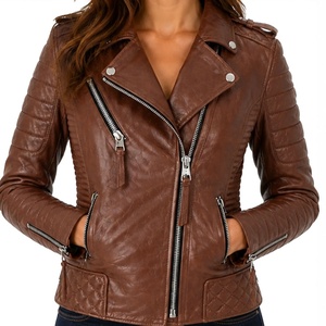 Veste de moto en cuir véritable marron pour femme, coupe ajustée, fermeture éclair, style motard, marron foncé, épaules matelassées - Product Image 1