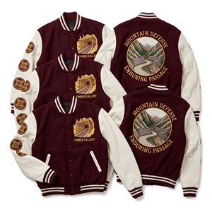 Chaqueta Letterman al por mayor, abrigo universitario de lana verde oliva con bordado Barrel Masters y mangas de cuero coñac, ropa de abrigo. - Product Image 3