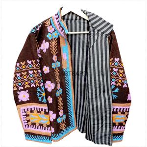 Veste matelassée pour femme en velours côtelé gaufré avec broderie florale, manches longues, en coton, printemps-automne - Product Image 3