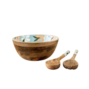 Ensemble de saladiers vintage en bois de manguier faits à la main avec des ustensiles imprimés en émail, écologiques et adaptés aux aliments, pour la maison et l'hôtellerie - Product Image 5