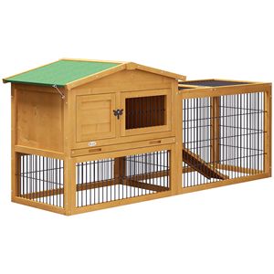 Ampia Conigliera a 2 Livelli da 150 cm Gialla Classica Retrò in Legno di Abete per Esterni con Tetto Facilmente Apribile per Piccoli Animali e Maiali - Product Image 1