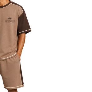 Mocha Brown <b>Mens</b> Oversized T <b>Shirt</b> And Shorts Set Dark Brown Contrast Sleeves Custom Logo Crew Neck Casual Streetwear Wholesale - Product Image 4
