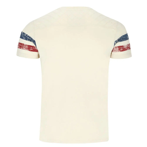 Camiseta de Manga Corta para Hombre, Color Crema, con Ribete a Rayas Rojas, Blancas y Azules en Contraste, Cuello Redondo, Corte Regular, Informal, de Punto Jersey, Algodón - Product Image 2