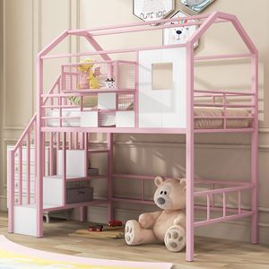 Letto a soppalco in metallo rosa con design del tetto unico e contenitore portaoggetti per bambini - Product Image 1