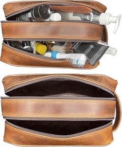 Neceser de Cuero Genuino para Hombre, Bolsa de Aseo para Viaje, Kit de Afeitado, Organizador de Artículos de Baño, Bolsa de Cosméticos de Cuero para Mujer - Product Image 3