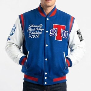 Chaqueta Varsity Personalizada para Hombre, Color Azul y Blanco, con Parches Bordados en las Mangas, Cuello Alto, Estilo Casual de Béisbol, Gran Venta - Product Image 1