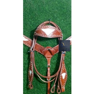 Western Brown <b>Leather</b> Horse Headstall and Breast Collar Set Hand Tooled Floral Design White Inlay Silver Studs Tack - Product Image 2