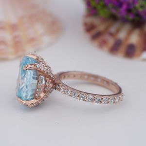 Luxury Women's Rose Gold Plated 925 Sterling Silver Oval Cut 6*8mm 5A Light Blue Moissanite Engagement Ring - Product Image 2