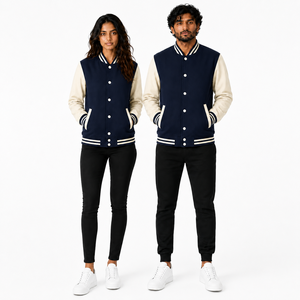 Chaqueta Varsity Unisex Azul Marino de Lana, Cortavientos, con Cuello Alto, Logotipo Frontal, Estilo Casual, Cierre de Botones Cubiertos, Corte Regular, para Invierno - Product Image 1