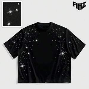 T-shirts pour hommes en coton 100% avec strass de luxe personnalisés, couleur unie, style streetwear décontracté, manches courtes, fournisseur en gros - Product Image 1