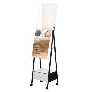 Armadietto a Specchio LED Bianco con Base in Legno, Specchio Intero e 1 Grande Cassetto, 4 Ruote, Luci LED Bianche per Conservazione Gioielli - Product Image 3