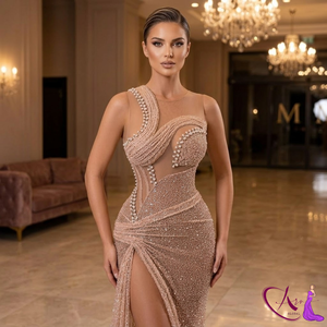 Luxury <b>One</b> Shoulder Evening Gown for Women | Elegant Beaded Bodycon Long <b>Dress</b> with High Slit Designer Party Wear Custom Made - Product Image 4