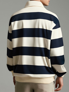 <b>Men's</b> Summer Casual <b>Long</b> <b>Sleeve</b> <b>Shirt</b> Lightweight Breathable 100% Cotton Anti-Wrinkle Button-Up <b>Striped</b> Relaxed Fit Polo <b>Shirts</b> - Product Image 3