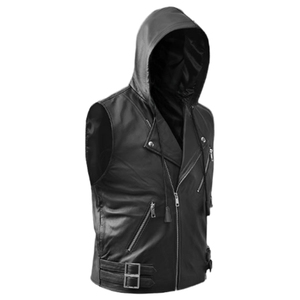 Custom Men's Black Hooded Leather Vest Biker Motorcycle Sleeveless <b>Jacket</b> Punk <b>Gothic</b> PU Waistcoat Zipper Buckles Slim Fit Gilet - Product Image 4