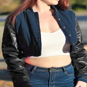 Veste courte universitaire pour femme, bleu marine, style Letterman, manteau bomber, manches en similicuir, vêtement d'extérieur décontracté, mode féminine - Product Image 3