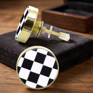 Modern Brass Round Cabinet <b>Knob</b> with Black <b>White</b> Checkered Design for Kitchen and Living Room Drawer Handles Easy Installation - Product Image 3