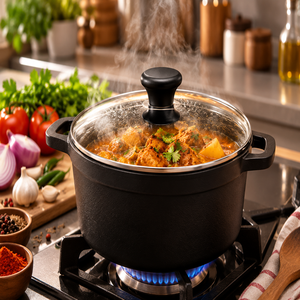 Olla Holandesa de Hierro Fundido Negra con Tapa de Vidrio y Asas Dobles, Revestimiento Cerámico Antiadherente, Compatible con Cocina de Gas e Inducción - Product Image 1