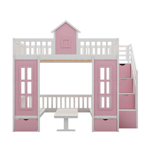 Litera completa de madera al por mayor en color rosa con cajones, librería de escritorio, armarios, estantes, escaleras integradas para niña - Product Image 3