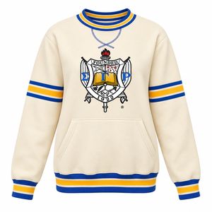 Sudadera con cuello redondo Sigma Gamma Rho Neutral Chenille Crest con bolsillo canguro, azul real, ribete acanalado con rayas doradas, estilo griego - Product Image 3