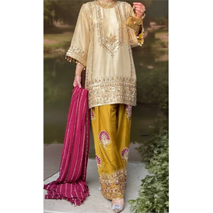 Magnifique collection de vêtements indiens de créateurs, ensemble Sharara en soie naturelle lourde avec broderie de sequins pour les mariages - Product Image 1