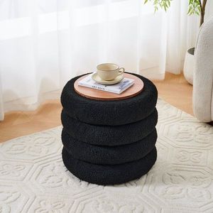 Modern Round Sherpa Footstool Teddy Vanity Stool with Flip Top Tray Upholstered Makeup Chair for Home Decor Storage Ottoman - Product Image 2