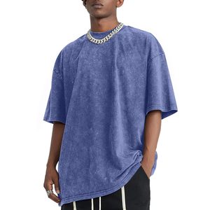 T-shirt en coton bleu surdimensionné pour homme, manches courtes, col rond, coupe décontractée, longueur standard, motif imprimé avec lettres au dos - Product Image 4
