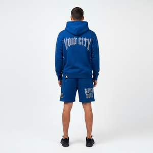 Custom Men's BLUE Vintage Washed Breathable Winter Patch Hoodie Shorts <b>Set</b> Heavyweight Cotton Streetwear OEM Private Label - Product Image 2