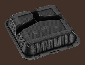 Contenedores Desechables Tiya Aptos para Microondas, Negros, de 8 Pulgadas, con 3 Compartimentos, Tipo Concha, con Tapa Abatible de MFPP - Product Image 2