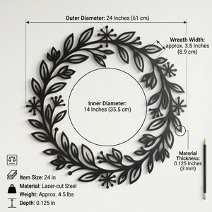 Charming Black Cutout Floral Wreath Featuring Minimalist Leaves And Star Blossoms, Sleek Modern Wall Decor Art For Your Home - Product Image 2