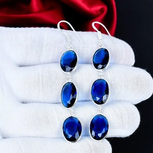 Pendientes de Zafiro Azul, Corte Ovalado, Plata de Ley 925, Pendientes Colgantes Hechos a Mano para Mujer - Product Image 4