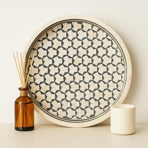Handmade <b>Round</b> Bone Inlay Tray - <b>Black</b> & White Geometric Mosaic | Handmade Decorative Serving Tray | <b>Coffee</b> <b>Table</b> Tray - Bone - Product Image 3