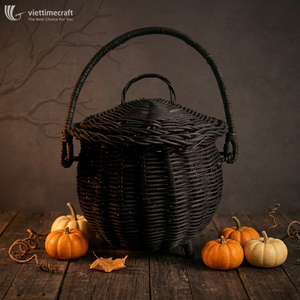 <b>Black</b> Handwoven Traditional Rattan Basket with Lid Woven <b>Storage</b> Candy <b>Box</b> Decorative Organizer <b>for</b> Home Halloween Tabletop - Product Image 2