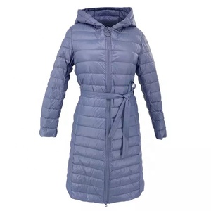 <b>Long</b> <b>Hooded</b> <b>Puffer</b> <b>Jacket</b> With Belt Zipper Closure Solid Color Winter Coat Casual Style Polyester Material Unisex Windproof - Product Image 1