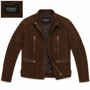 OEM Winter Mocha <b>Suede</b> Genuine Leather Biker <b>Jacket</b> Men's Casual Stand Collar Zipper Closure Windproof Breathable Eco-Friendly - Product Image 1