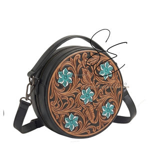 Boho Turquoise Floral <b>Tooled</b> <b>Leather</b> Canteen Bag Black Round Crossbody Purse Genuine <b>Leather</b> Women - Product Image 1