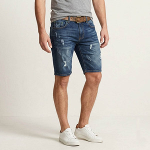Pantalones Cortos Bermuda de Mezclilla Rasgados para Hombre, Cintura Media, Azul Sólido, Estilo Casual, Cierre de Botones, Tejido de Algodón Transpirable - Product Image 4