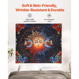 Tapisserie murale esthétique florale mystique psychédélique Soleil Lune, couverture murale vintage en polyester pour la décoration intérieure - Product Image 2