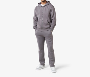 Ensemble de sweat-shirt à capuche zippé gris pour homme, coupe classique, en molleton, décontracté, pour l'automne, 100% coton, couleur unie, avec poche - Product Image 1