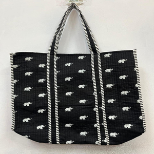 Sac fourre-tout en coton matelassé imprimé éléphant noir, fait main, pour femme, à porter à l'épaule, réutilisable, pour le shopping, les voyages, la plage, grande capacité, écologique - Product Image 1