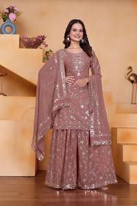 Ensemble Sharara indien pakistanais magnifique, en tissu Georgette, pour fêtes, mariages, occasions traditionnelles et tenues décontractées. - Product Image 4