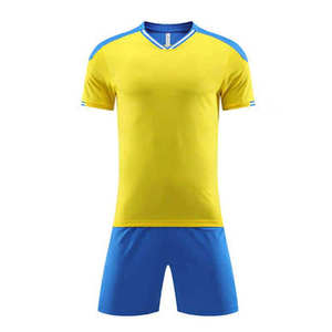 Ensemble de maillots de football personnalisés pour hommes Jaune Bleu Col en V Manches courtes 100% polyester Évacuation de l'humidité Toutes saisons Uniforme adulte - Product Image 1