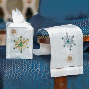 Golden snowflake embroidery on natural <b>linen</b>. Durable decor for holiday bathrooms and cozy gatherings. - Product Image 1
