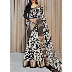 FANCY DOLA SEDA JACQUARD TEJIDO BOREDER CON ESTAMPADO KALAMKARI TRABAJO SAREE CON BLUSA DESECHADA NEGRO - Product Image 1