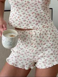 Women's Floral Print 2-Piece Knitted Shorts <b>Set</b> <b>Square</b> Collar Short Sleeve Breathable Regular Fit Spring Summer Style - Product Image 5