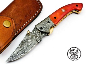 Damascus Steel Folding <b>Knife</b> With Orange <b>Handle</b> Outdoor Pocket <b>Knife</b> For Camping Damascus Steel Folding <b>Knife</b> Forged Pocket - Product Image 4