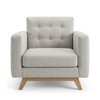 Fauteuil de salon moderne en bois de teck massif, rembourré, style mi-siècle, tissu beige capitonné, chaise d'appoint individuelle