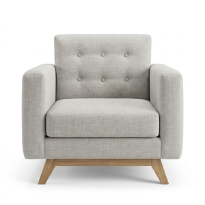 Sillón Moderno para Sala de Estar con Base de Madera de Teca Sólida, Tapizado en Tela Beige con Diseño Acolchado de Mediados de Siglo, Sillón Individual Decorativo - Product Image 1